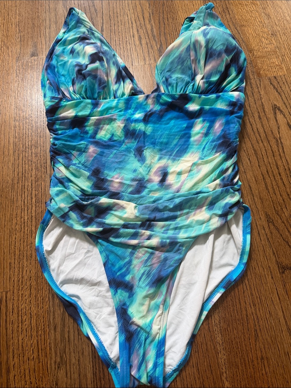 Carmen Marc Valvo Blue Green marbled print One-Piece Swimsuit sz 12